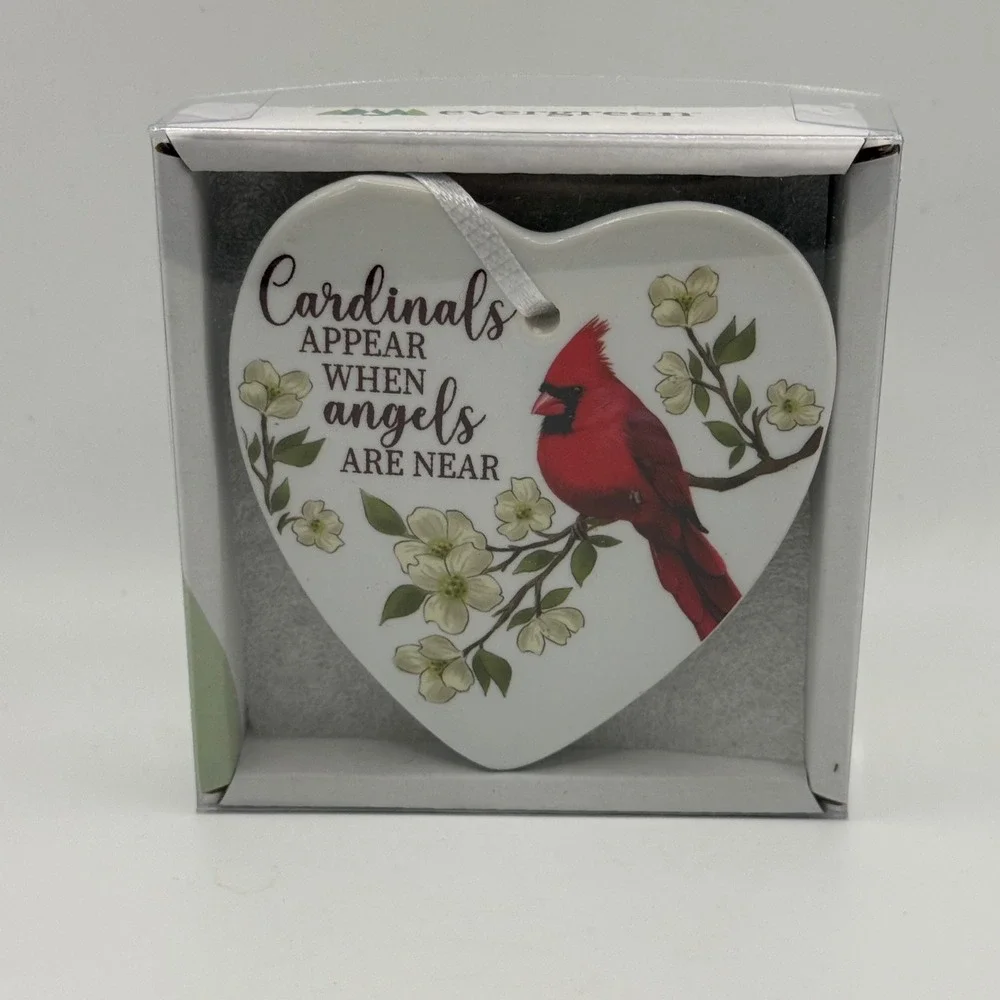NEW Evergreen Memorial Ceramic Heart Hanging Decor Cardinal Bird Angels Near